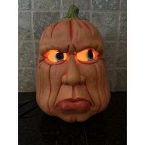Vintage Ceramic Grumpy Pumpkin Halloween Jack O Lantern Lights Up Creepy